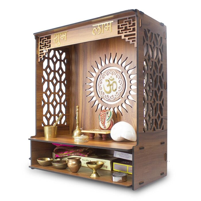 LED-Lit Wooden Pooja Mandir with Om Mandir Design for Home: